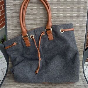 Talbots Gray Wool-Blend Tote with Brown Leather Trim